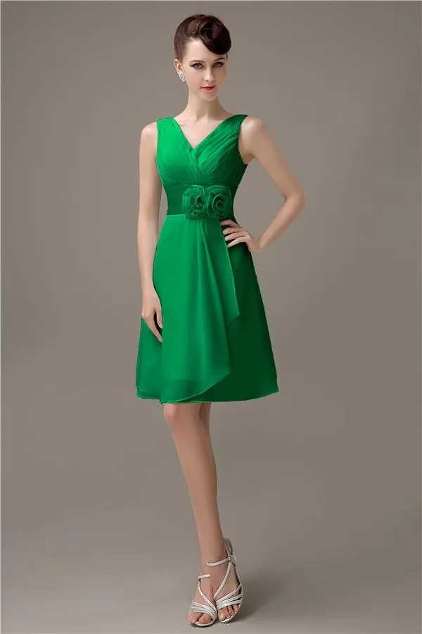 Cheap A-line Chiffon V-Neck Sleeveless Short Bridesmaid Dresses