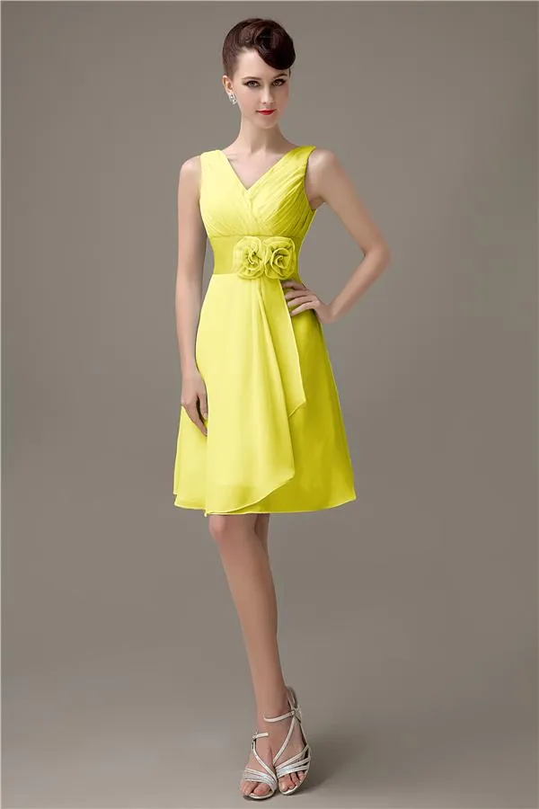 Cheap A-line Chiffon V-Neck Sleeveless Short Bridesmaid Dresses