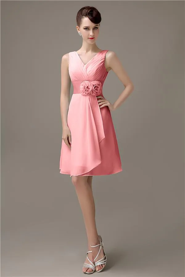 Cheap A-line Chiffon V-Neck Sleeveless Short Bridesmaid Dresses