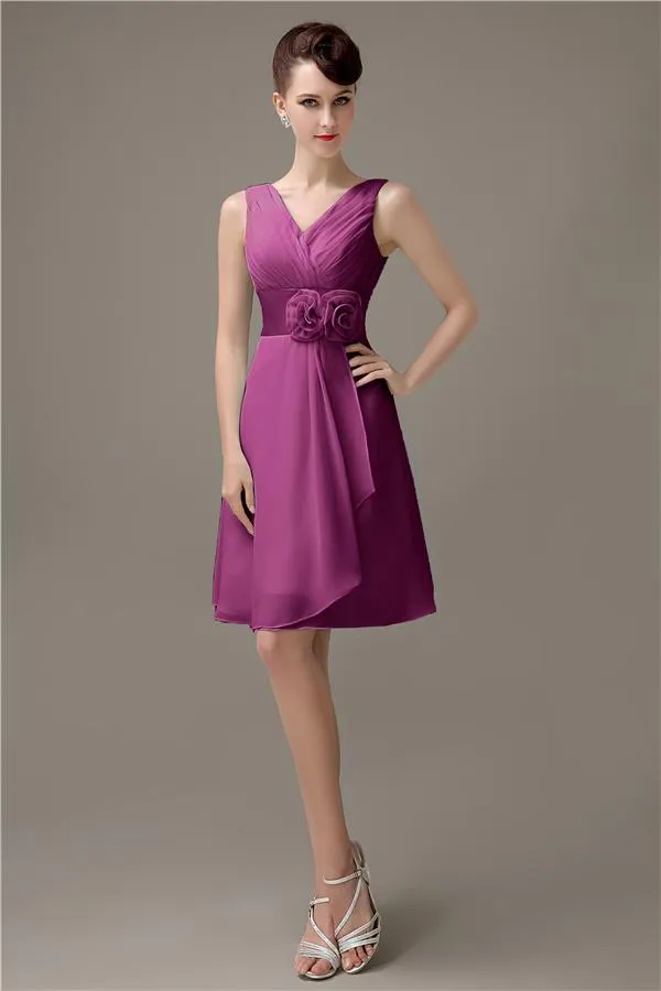 Cheap A-line Chiffon V-Neck Sleeveless Short Bridesmaid Dresses