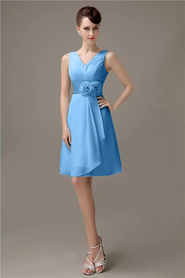 Cheap A-line Chiffon V-Neck Sleeveless Short Bridesmaid Dresses