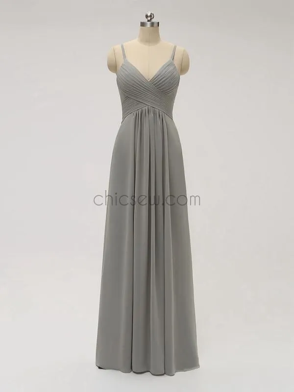 Cheap Spaghetti Strap V Neck Grey Chiffon Long Bridesmaid Dresses XDM1120