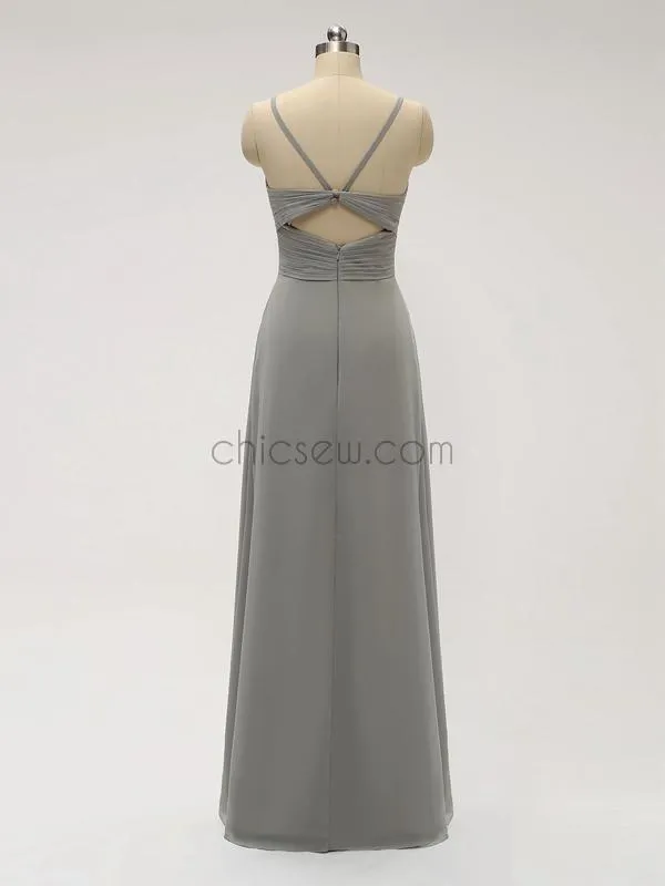 Cheap Spaghetti Strap V Neck Grey Chiffon Long Bridesmaid Dresses XDM1120