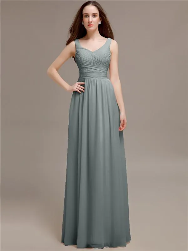 Chiffon Shoulder Strap A-line Floor-Length Bridesmaid Dresses