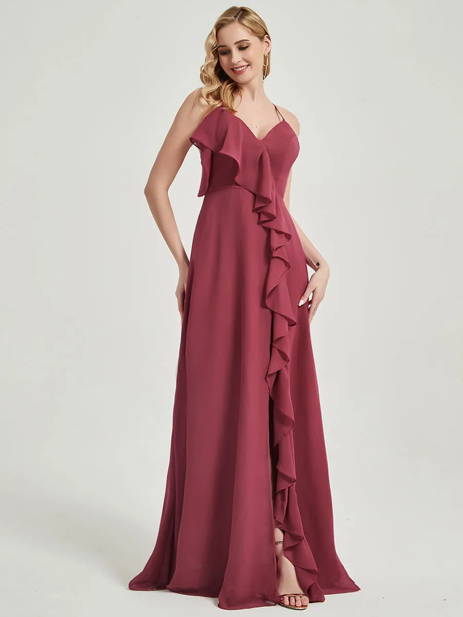 Cinnamon Rose Criss-Cross Straps Ruffles Slit Chiffon Bridesmaid Dress