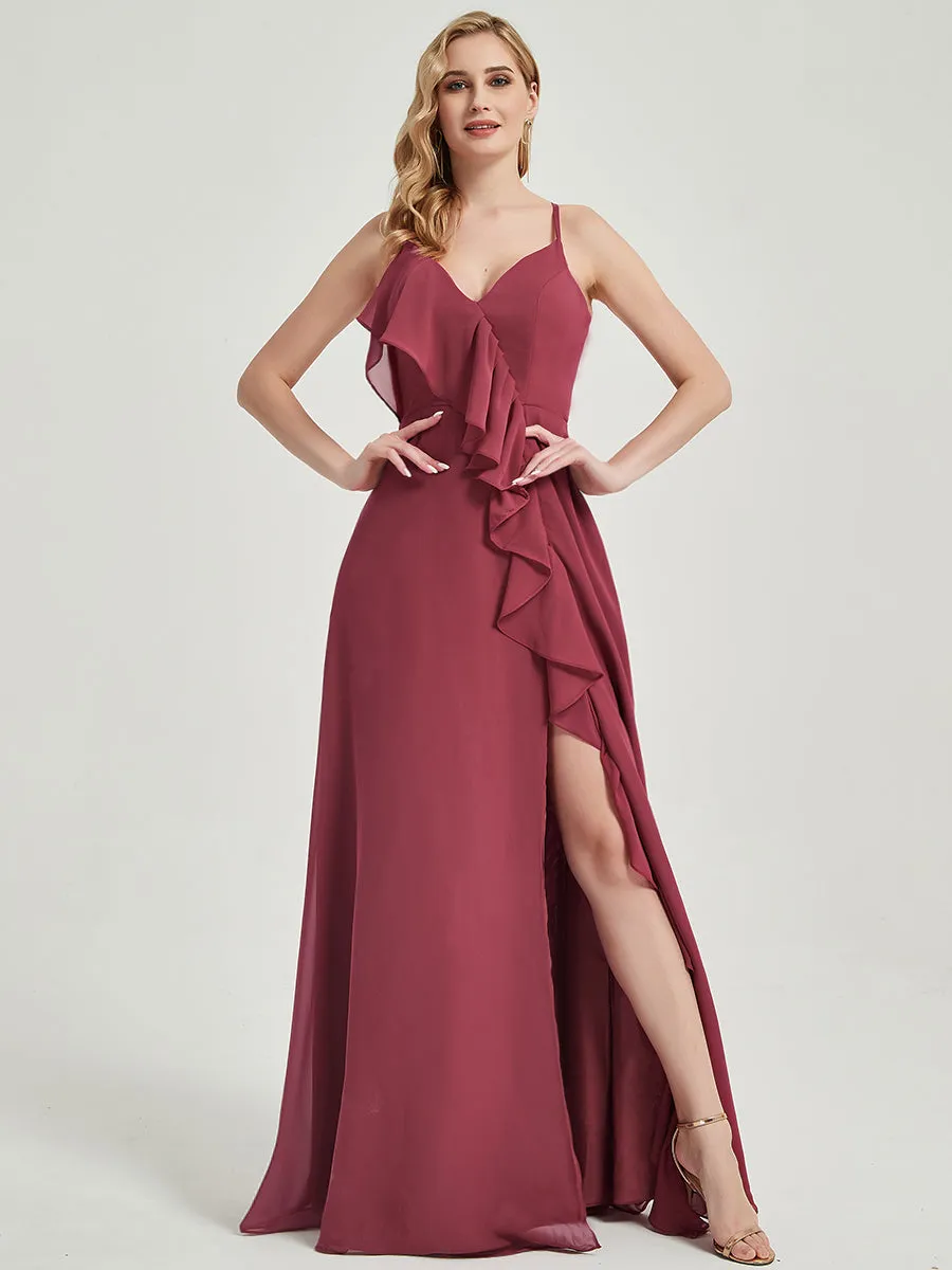 Cinnamon Rose Criss-Cross Straps Ruffles Slit Chiffon Bridesmaid Dress