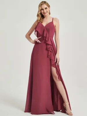 Cinnamon Rose Criss-Cross Straps Ruffles Slit Chiffon Bridesmaid Dress