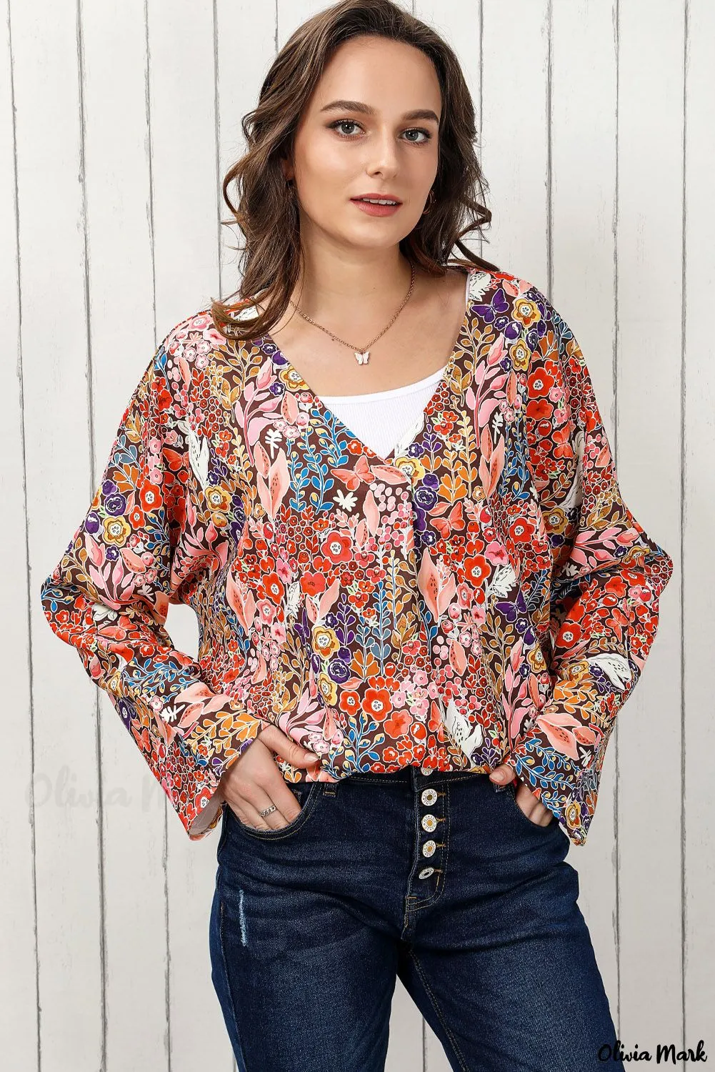 Deanwangkt - Bohemian Floral Long Sleeve V-Neck Blouse