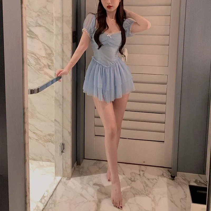 deanwangkt Fairy Dress Korean Party Mini Sexy Dress Female Summer High Waist Elegant Kawaii Dress Female Short Sleeve Design Sweet Casual Dress