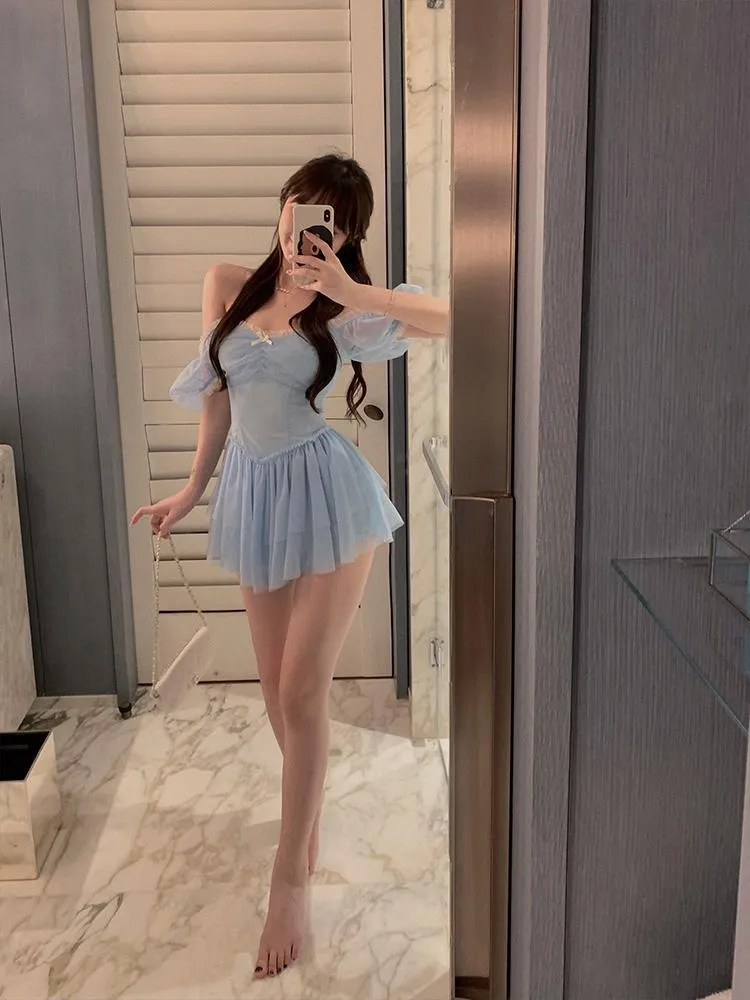 deanwangkt Fairy Dress Korean Party Mini Sexy Dress Female Summer High Waist Elegant Kawaii Dress Female Short Sleeve Design Sweet Casual Dress