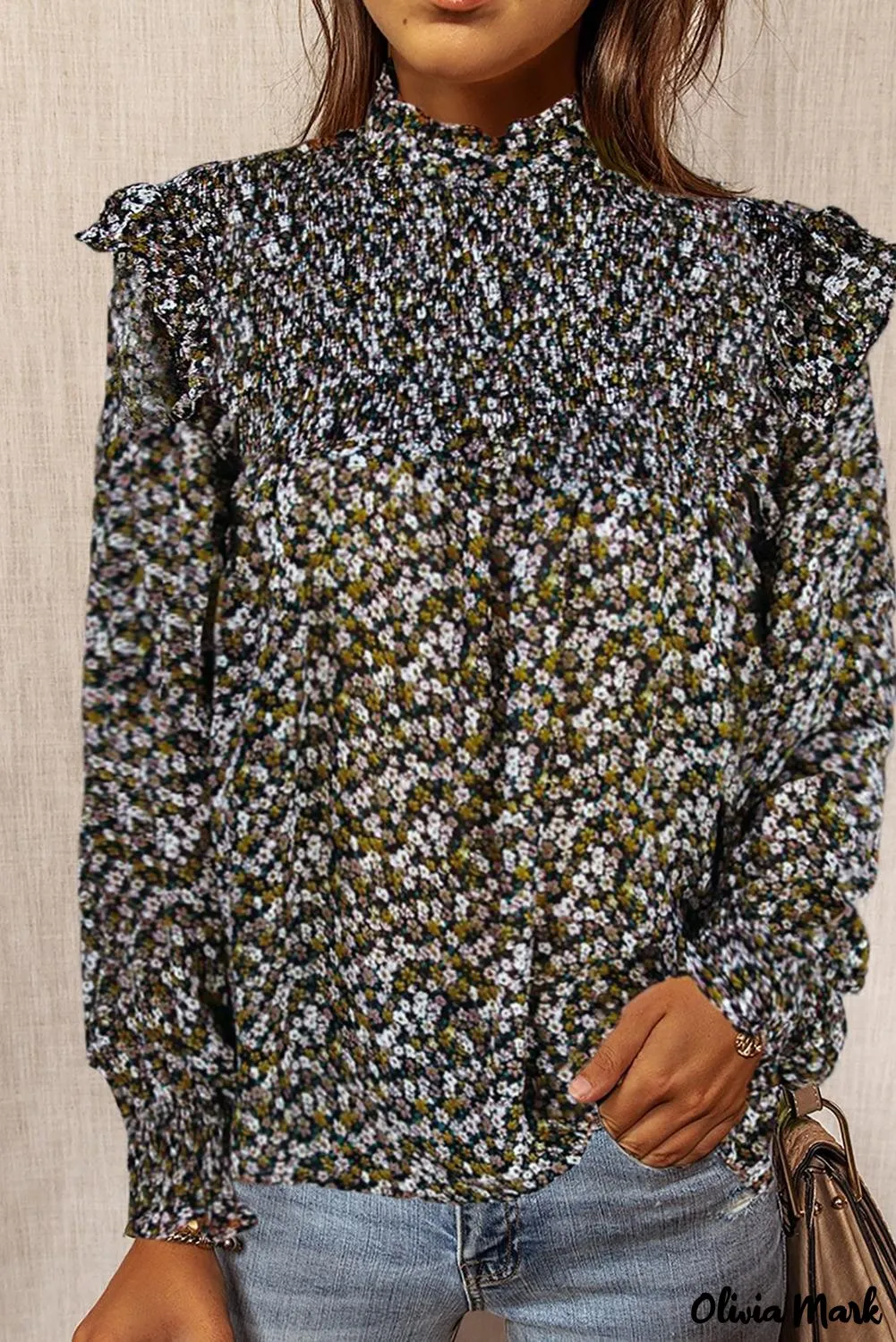 Deanwangkt - Floral Print Ruffle Long Sleeve Blouse