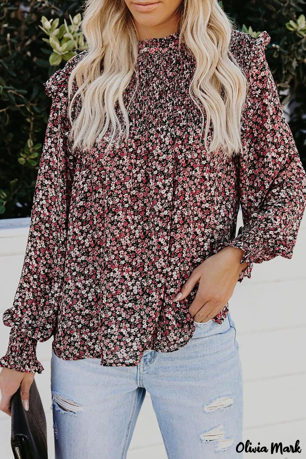 Deanwangkt - Floral Print Ruffle Long Sleeve Blouse