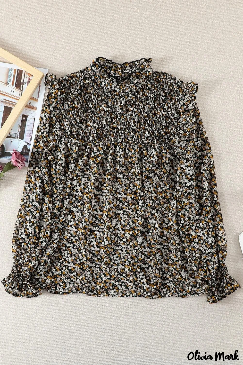 Deanwangkt - Floral Print Ruffle Long Sleeve Blouse