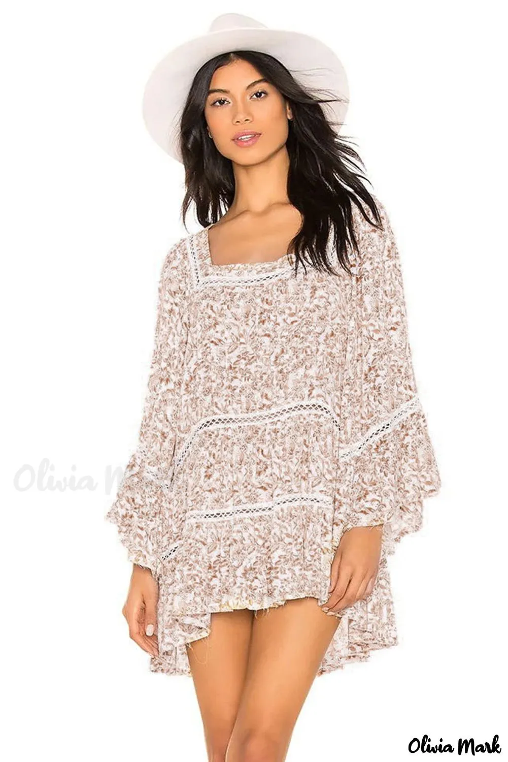 Deanwangkt - Loose beige tunic with flowers and hollowed out lace