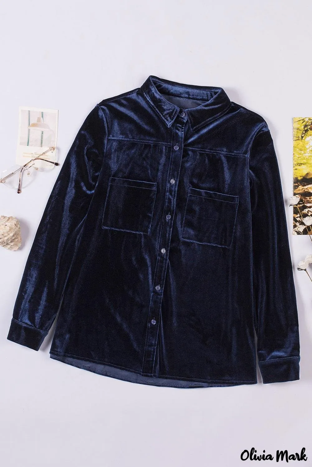 Deanwangkt - Navy Velvet Button Pocket Long Sleeve Shirt