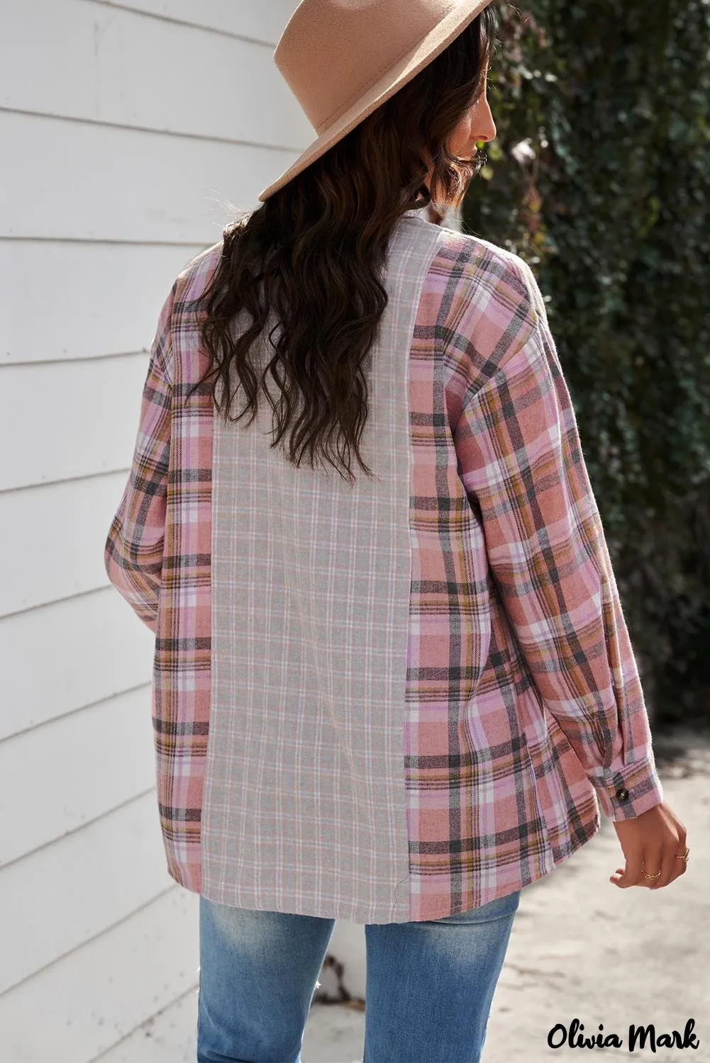 Deanwangkt - Pink Plaid Button Down Long Sleeve Shirt With Color Block Pocket