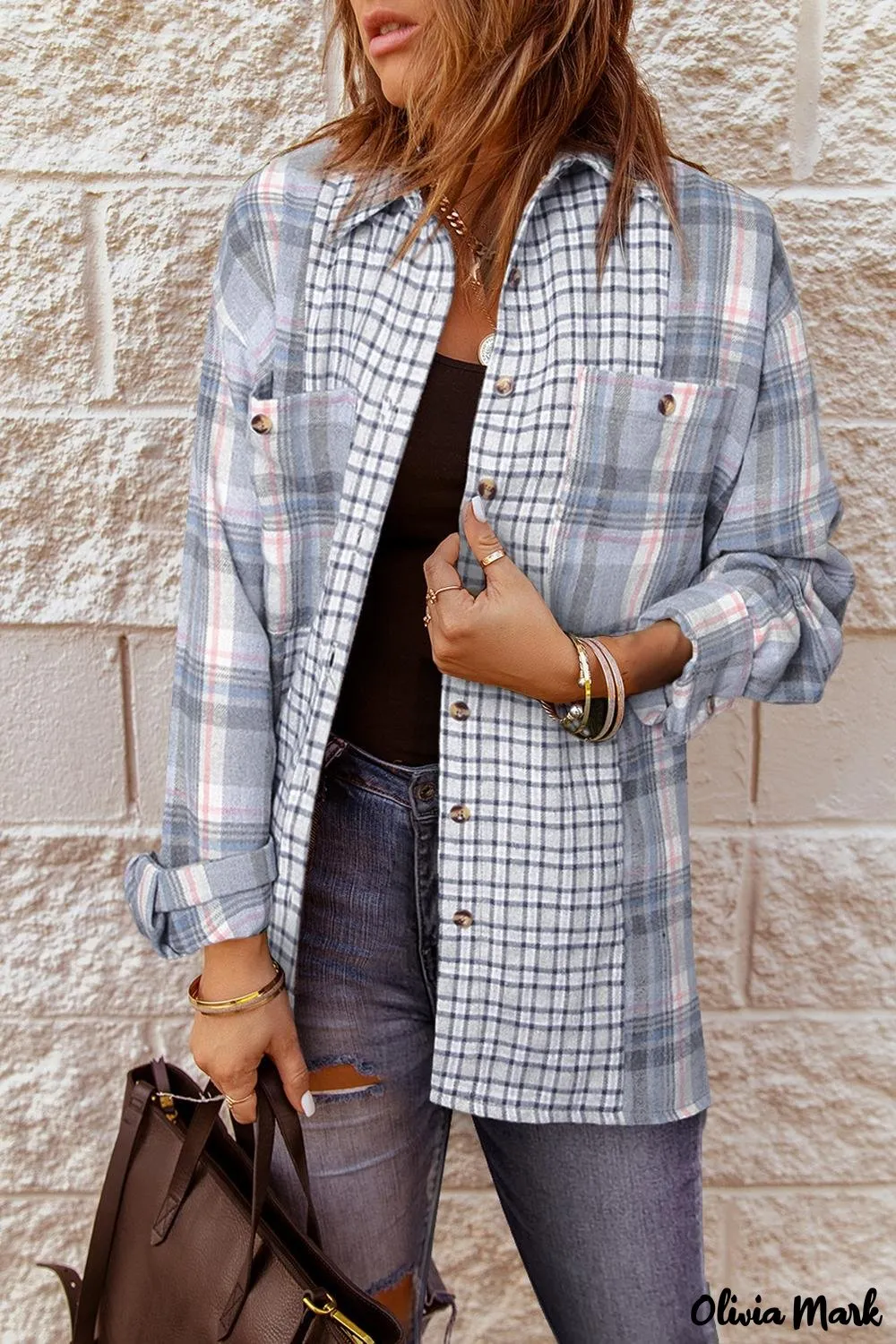 Deanwangkt - Pink Plaid Button Down Long Sleeve Shirt With Color Block Pocket