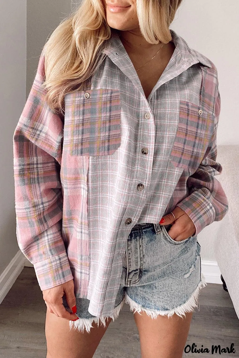 Deanwangkt - Pink Plaid Button Down Long Sleeve Shirt With Color Block Pocket