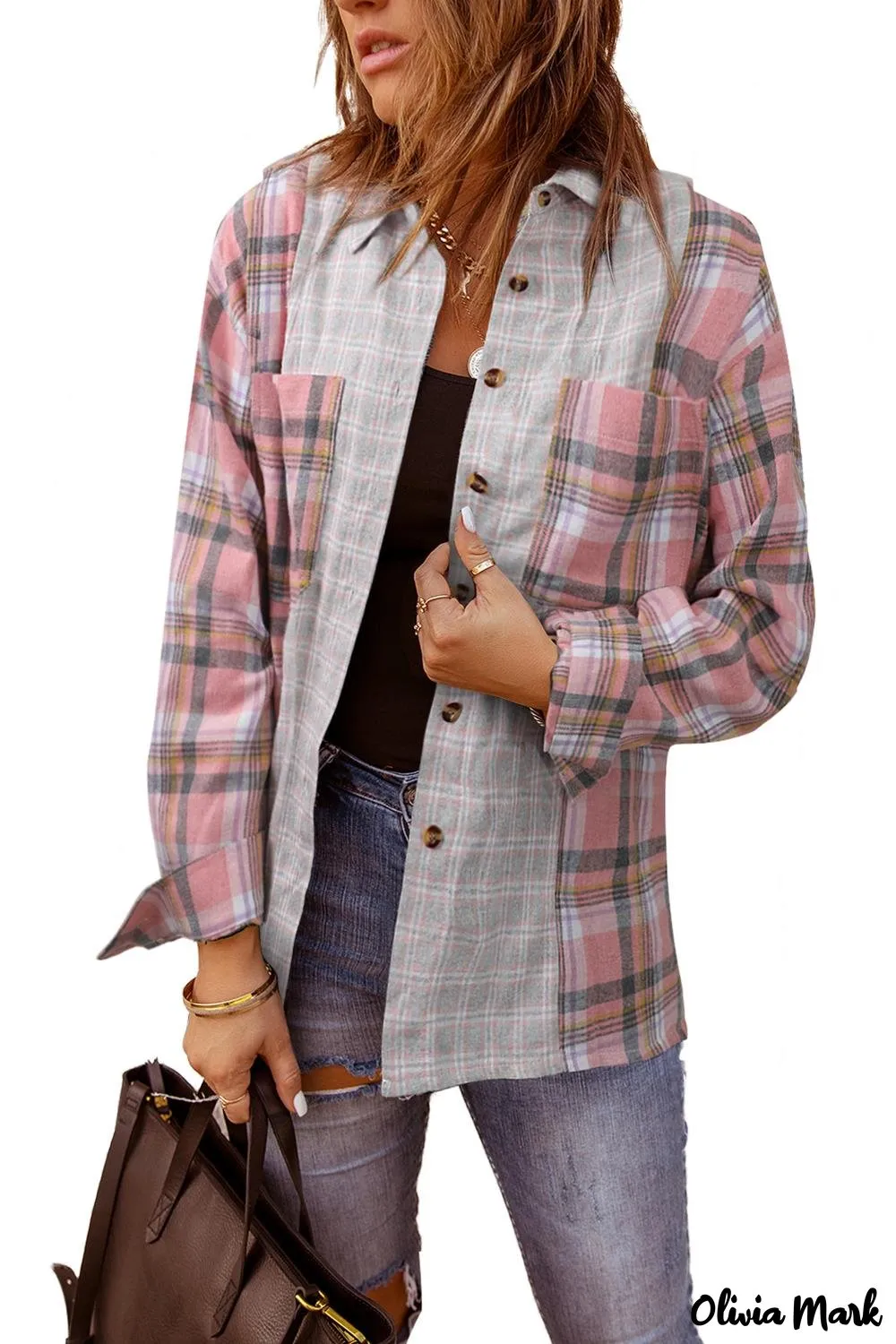 Deanwangkt - Pink Plaid Button Down Long Sleeve Shirt With Color Block Pocket