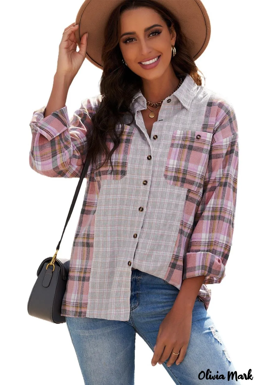 Deanwangkt - Pink Plaid Button Down Long Sleeve Shirt With Color Block Pocket