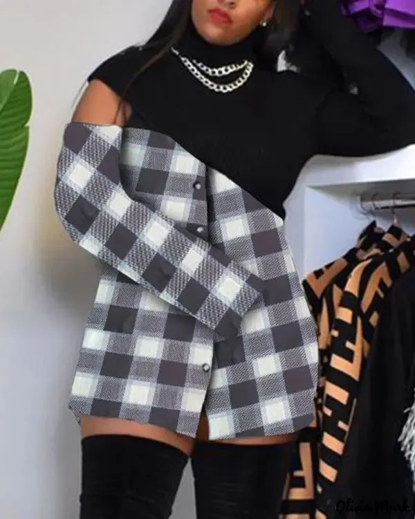 Deanwangkt - Plus Size Plaid Print Patchwork Zipper Long Sleeve Top