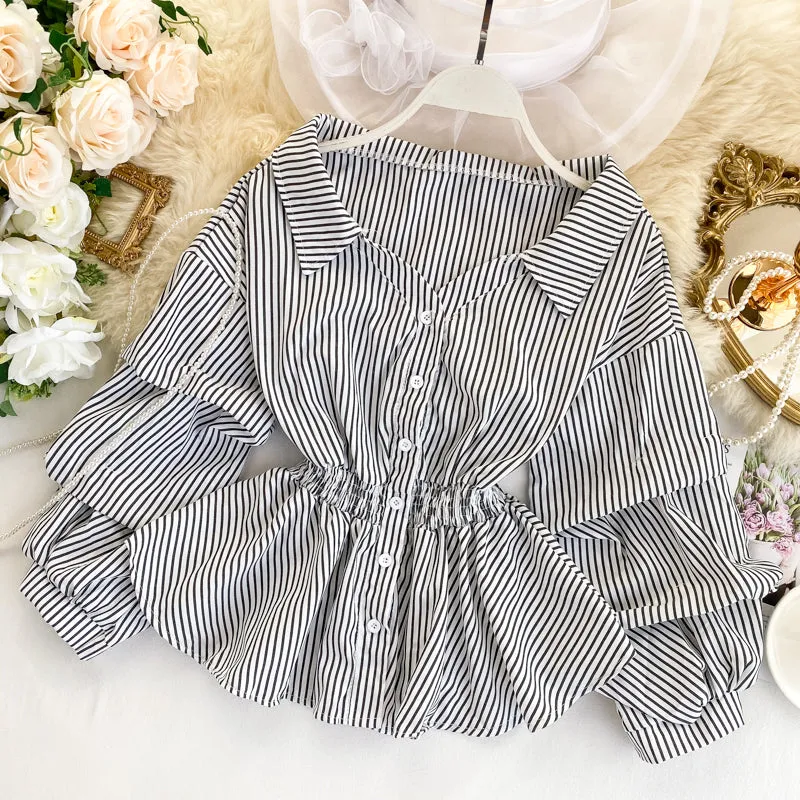 deanwangkt Vintage Shirt Women's V Neck Long Sleeve Striped Short Tops Casual Blouses Korean Fashion Clothing Female