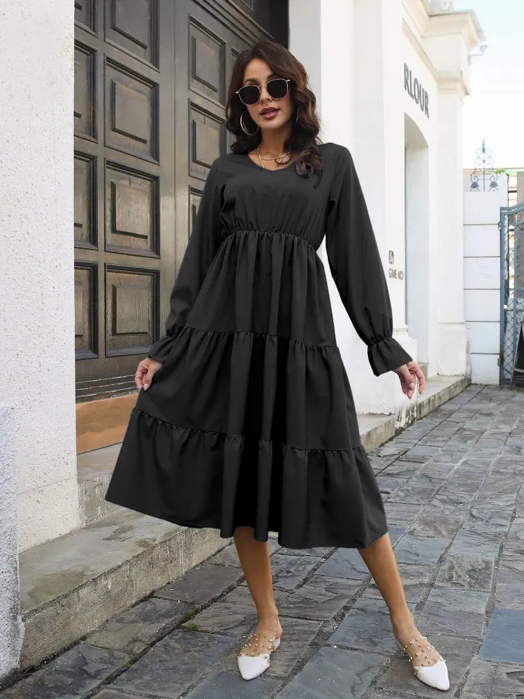 DressBetty - 2024 Casual and Comfortable V-Neck Solid Layered Chiffon Boho Dress