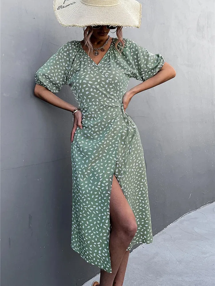 DressBetty - 2024 Female Puff Sleeve A-line Split Dress Side Wrap Midi Boho Dress