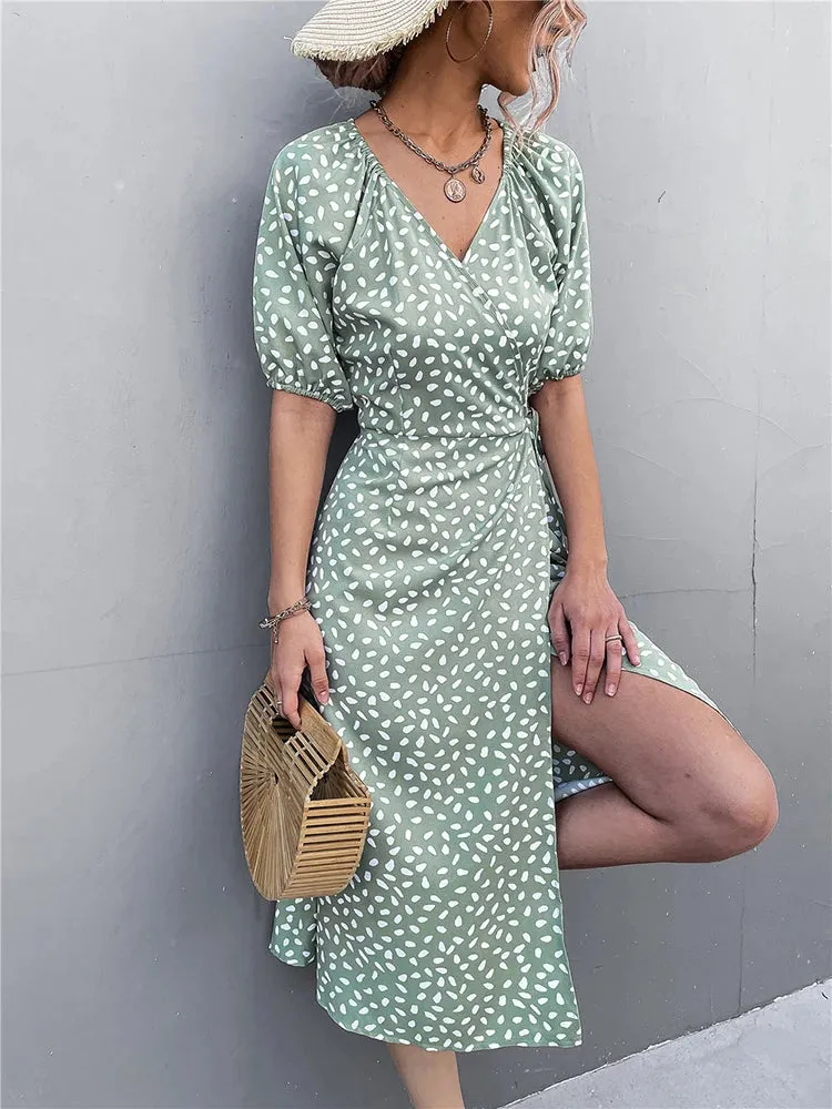 DressBetty - 2024 Female Puff Sleeve A-line Split Dress Side Wrap Midi Boho Dress