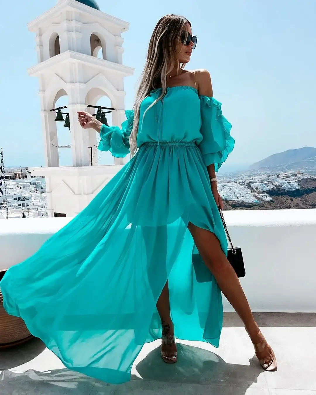 DressBetty - 2024 Off Shoulder Chiffon Dress with Solid Color Ruffle Beachwear Boho Dress