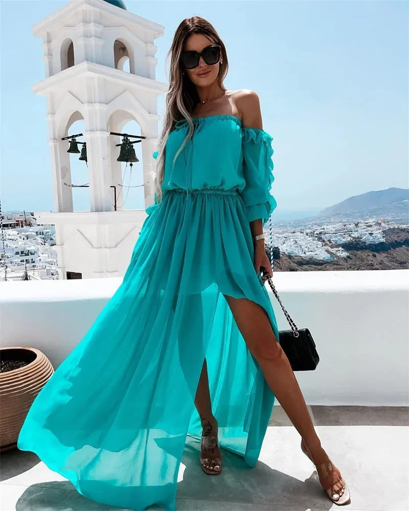 DressBetty - 2024 Off Shoulder Chiffon Dress with Solid Color Ruffle Beachwear Boho Dress