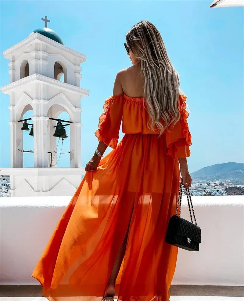 DressBetty - 2024 Off Shoulder Chiffon Dress with Solid Color Ruffle Beachwear Boho Dress