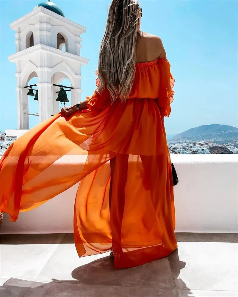 DressBetty - 2024 Off Shoulder Chiffon Dress with Solid Color Ruffle Beachwear Boho Dress