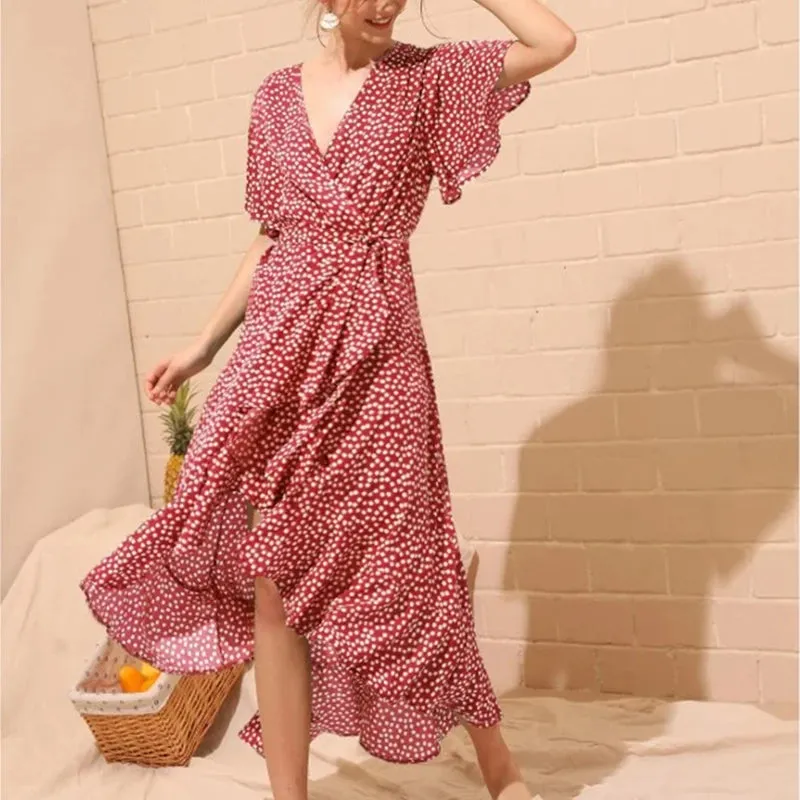 DressBetty - 2024 V-Neck Bohemian Lace-Up Chiffon Print High Waist Boho Dress