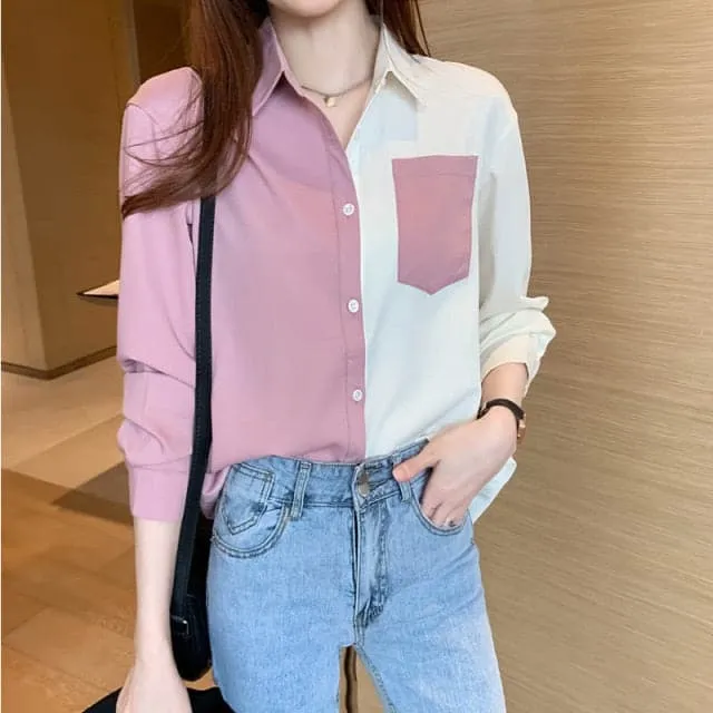 DressBetty - Korean Clothing Women's Tops and Blouses OL Style Loose Blouse Women Shirts POLO Collar Long Sleeve Patchwork Casual Pink