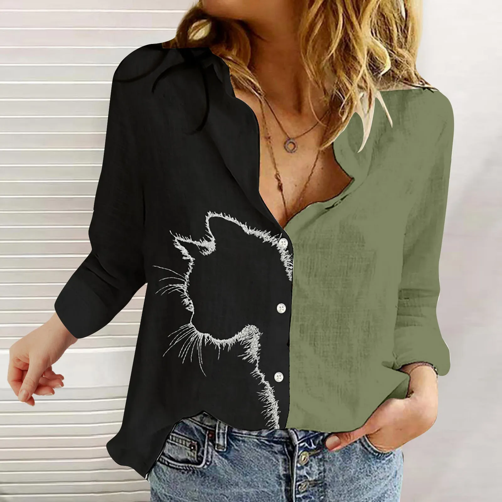 Fashion lapel contrast color long-sleeved printed shirt women