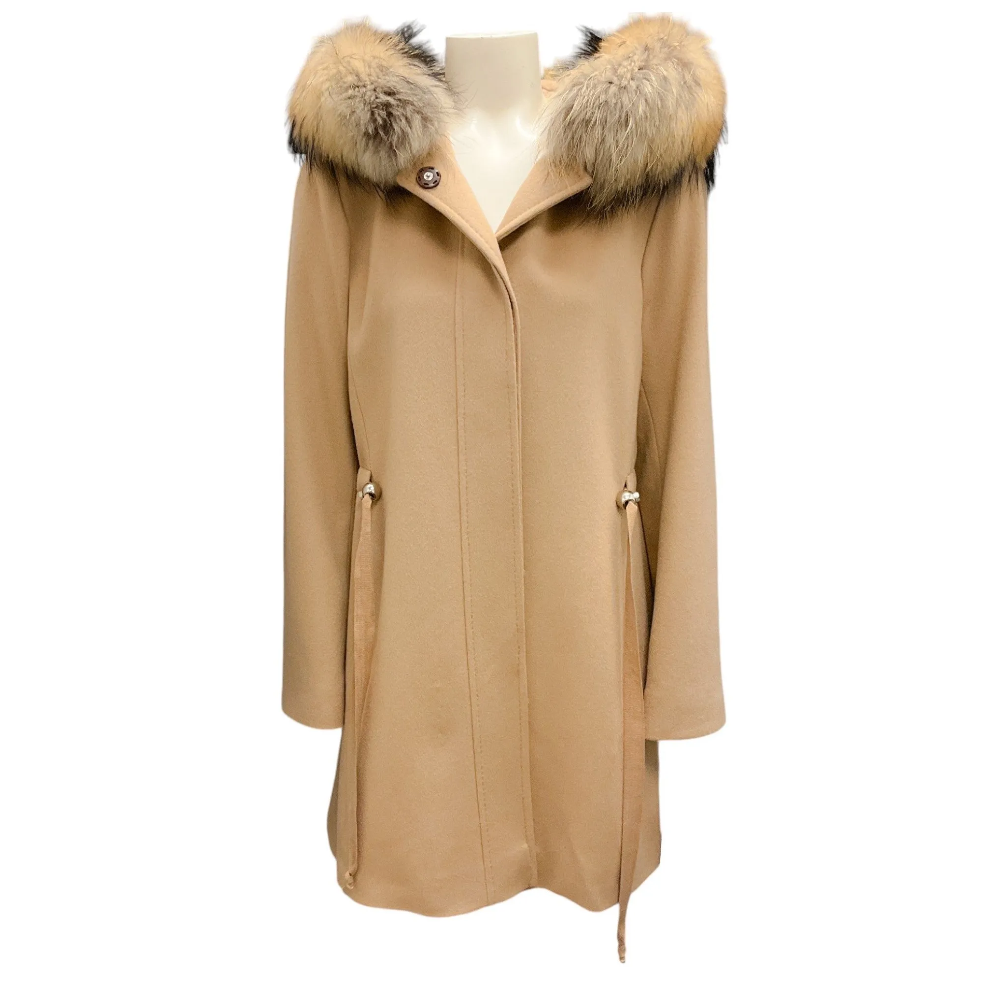 Fleurette Camel Raccoon Fur Trimmed Hooded Wool Coat