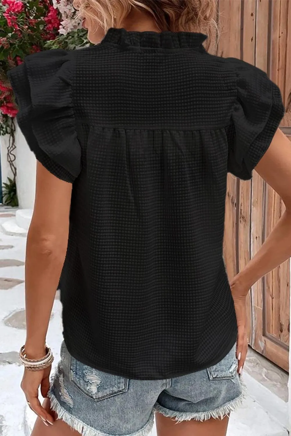 Flutter Sleeve Notch Neck Summer Black Blouse Top