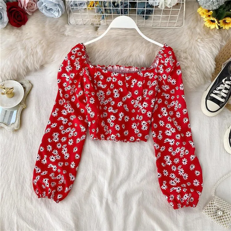 French retro square neck puff sleeve crop top