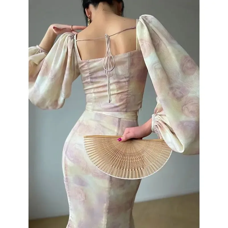 Girlary Autumn Square Collar Short Women Blouses Lantern Sleeves Ladies' Shirt high Waist Bodycon Skirt Two-piece Set Temperament