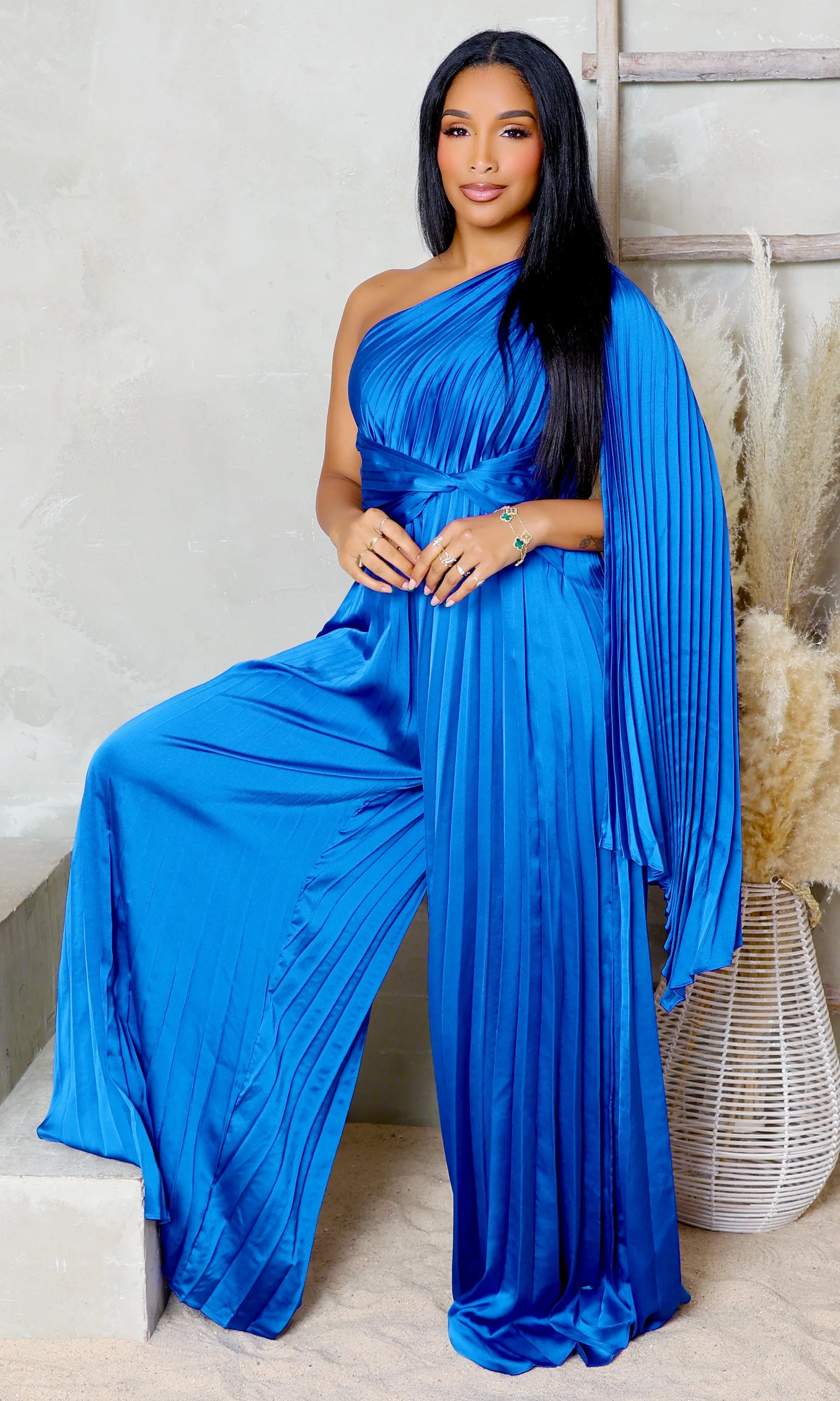 Graceful Asymmetry Pleated Jumpsuit- Royal Blue FINAL SALE