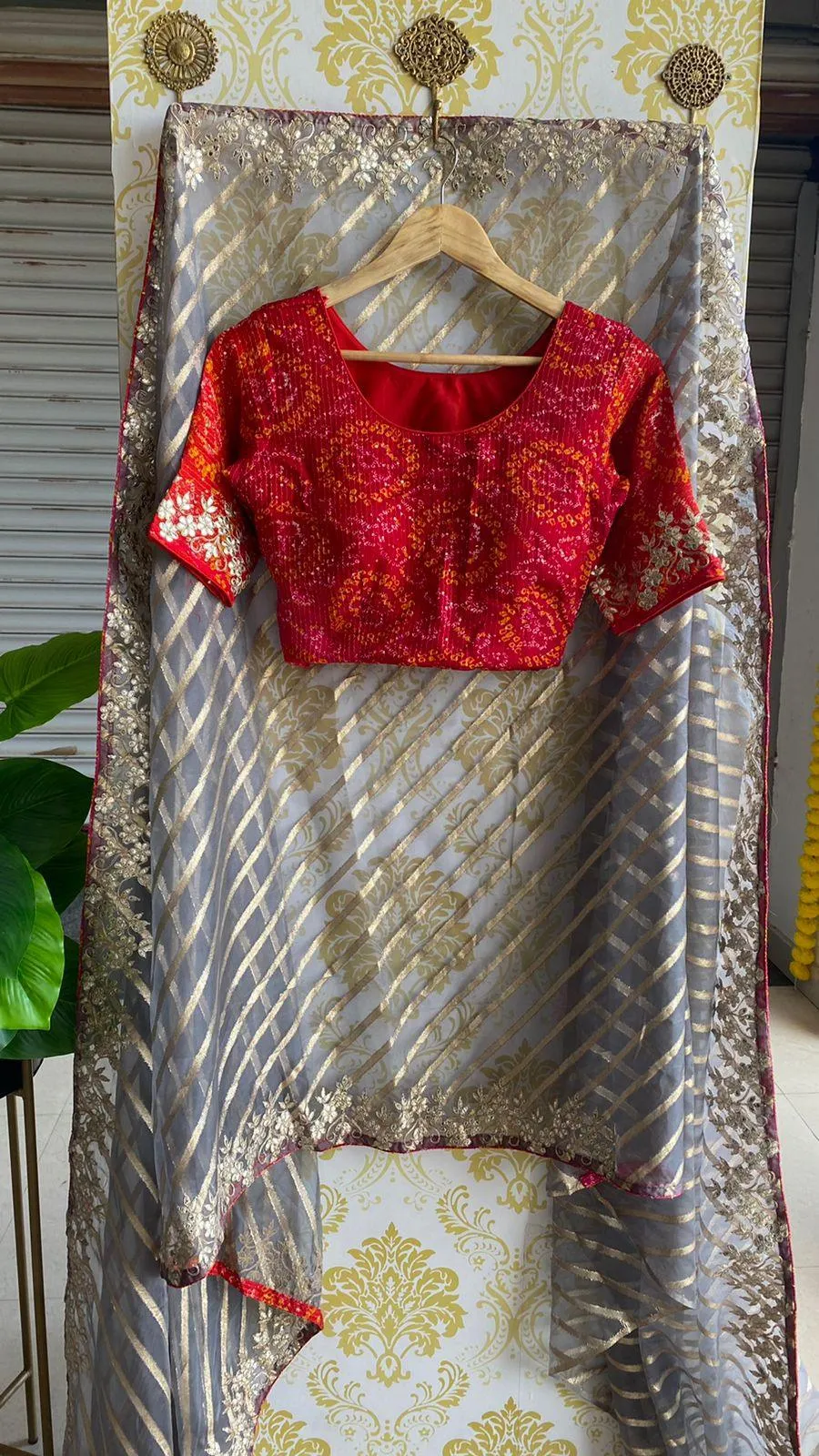 Grey organza saree with chiffon embroidery blouse