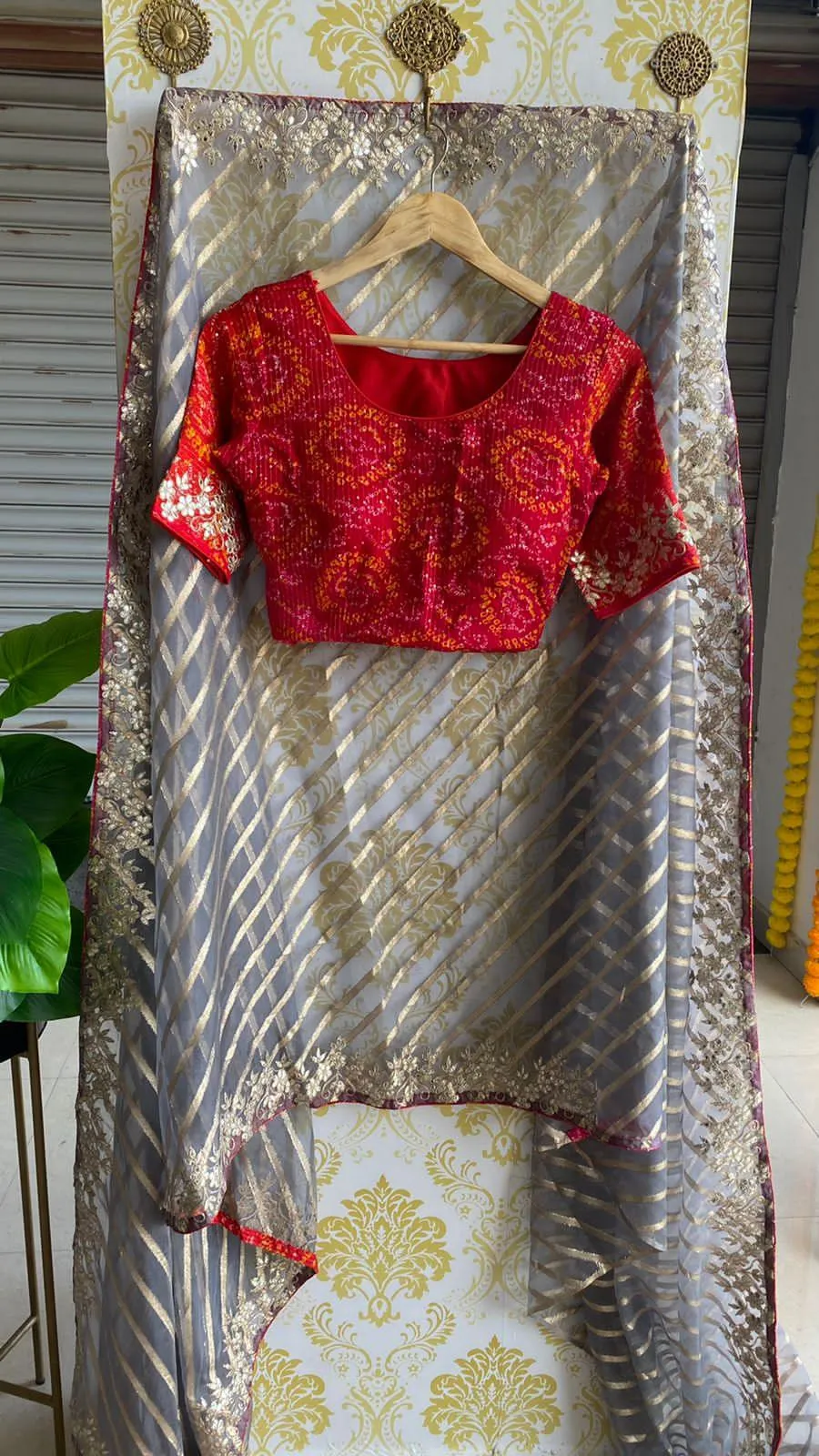 Grey organza saree with chiffon embroidery blouse