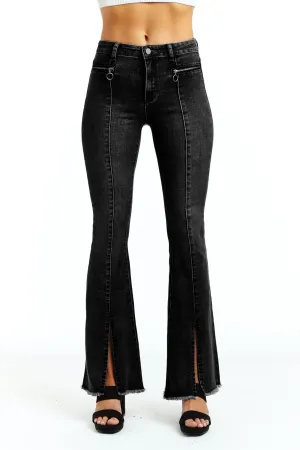 High Rise Front Zip Pocket Sexy Flare With Slit Fray Hem - Black Wash