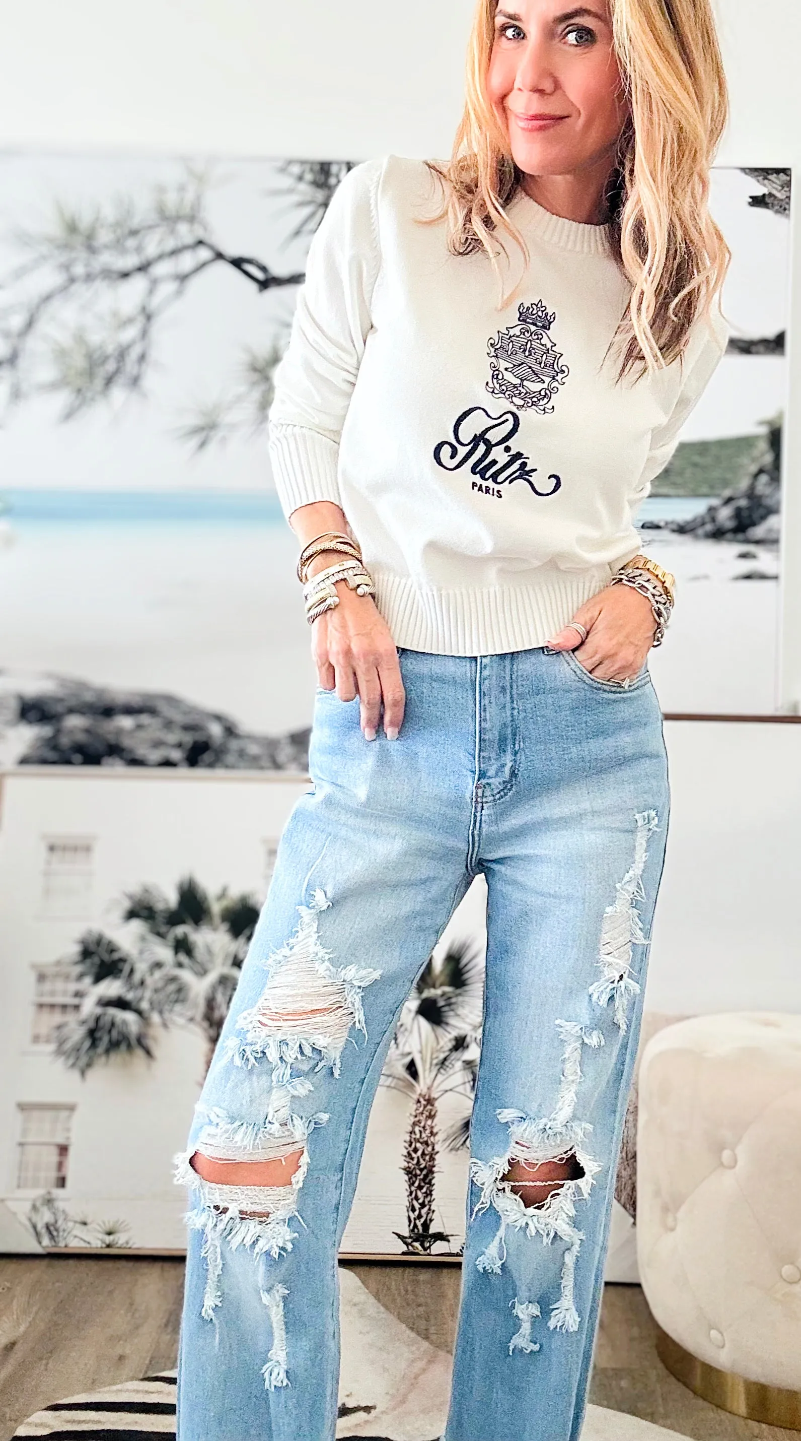 High Rised Wide Cut Leg Jeans-Torn