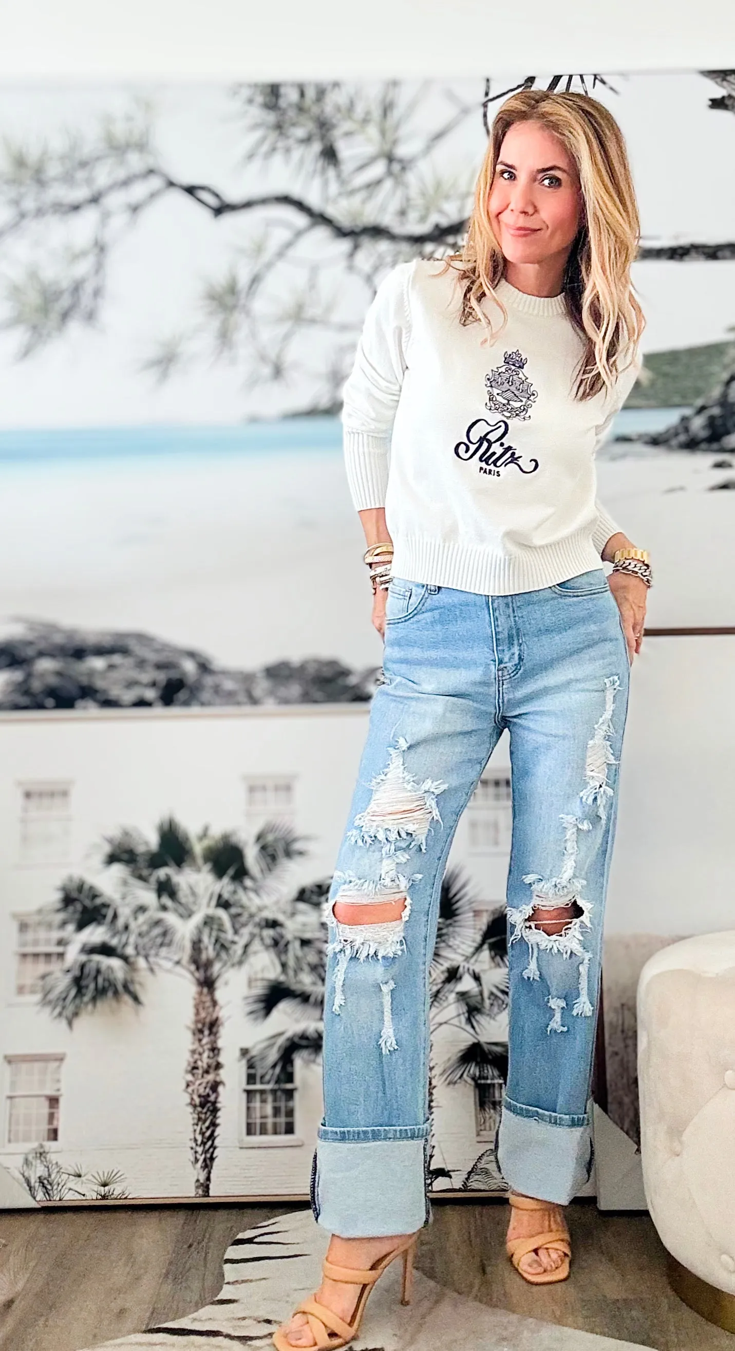 High Rised Wide Cut Leg Jeans-Torn