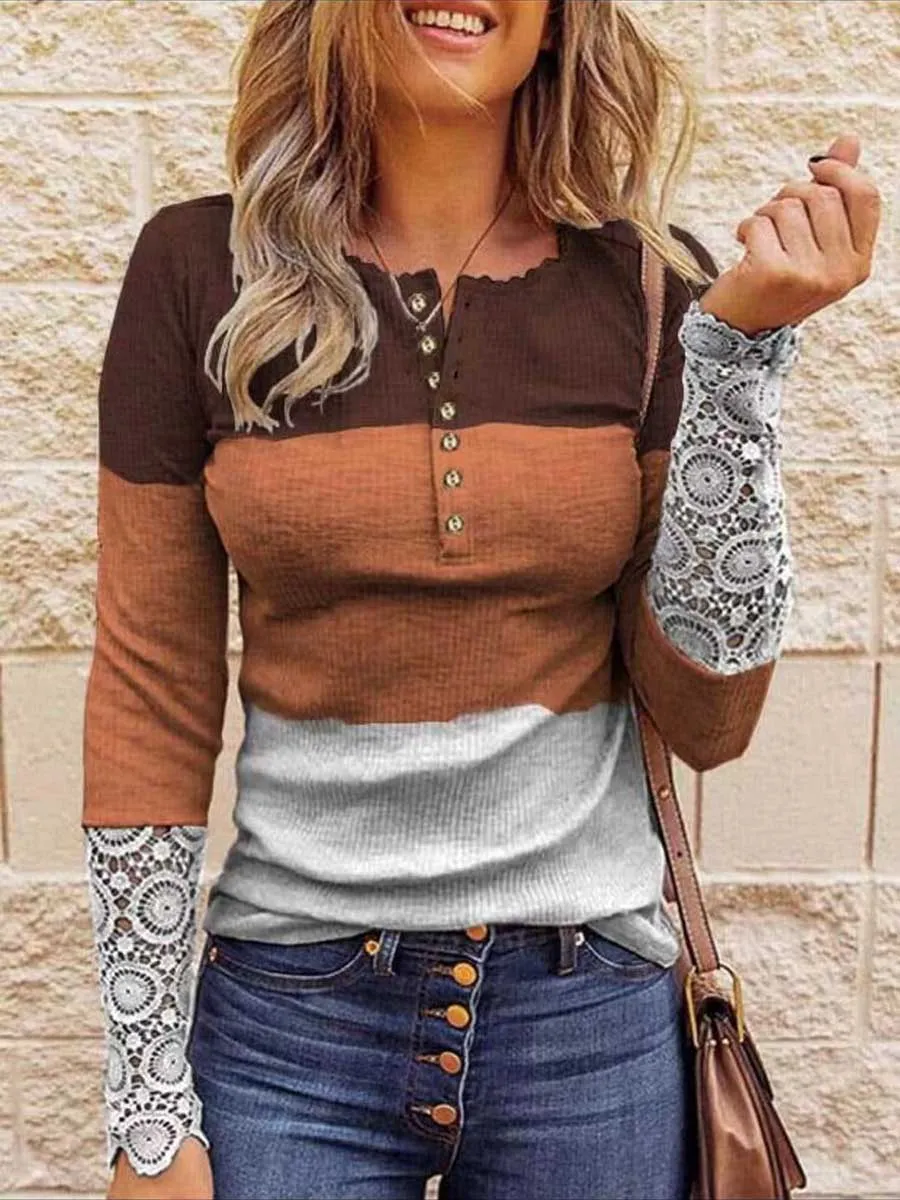 iForgirls Round Neck Stitching Lace Long Sleeve T-Shirt(14 colors)