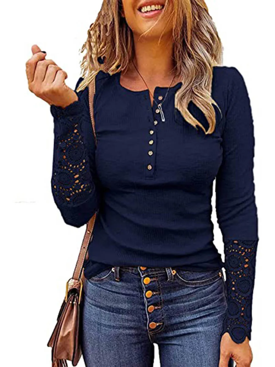 iForgirls Round Neck Stitching Lace Long Sleeve T-Shirt(14 colors)