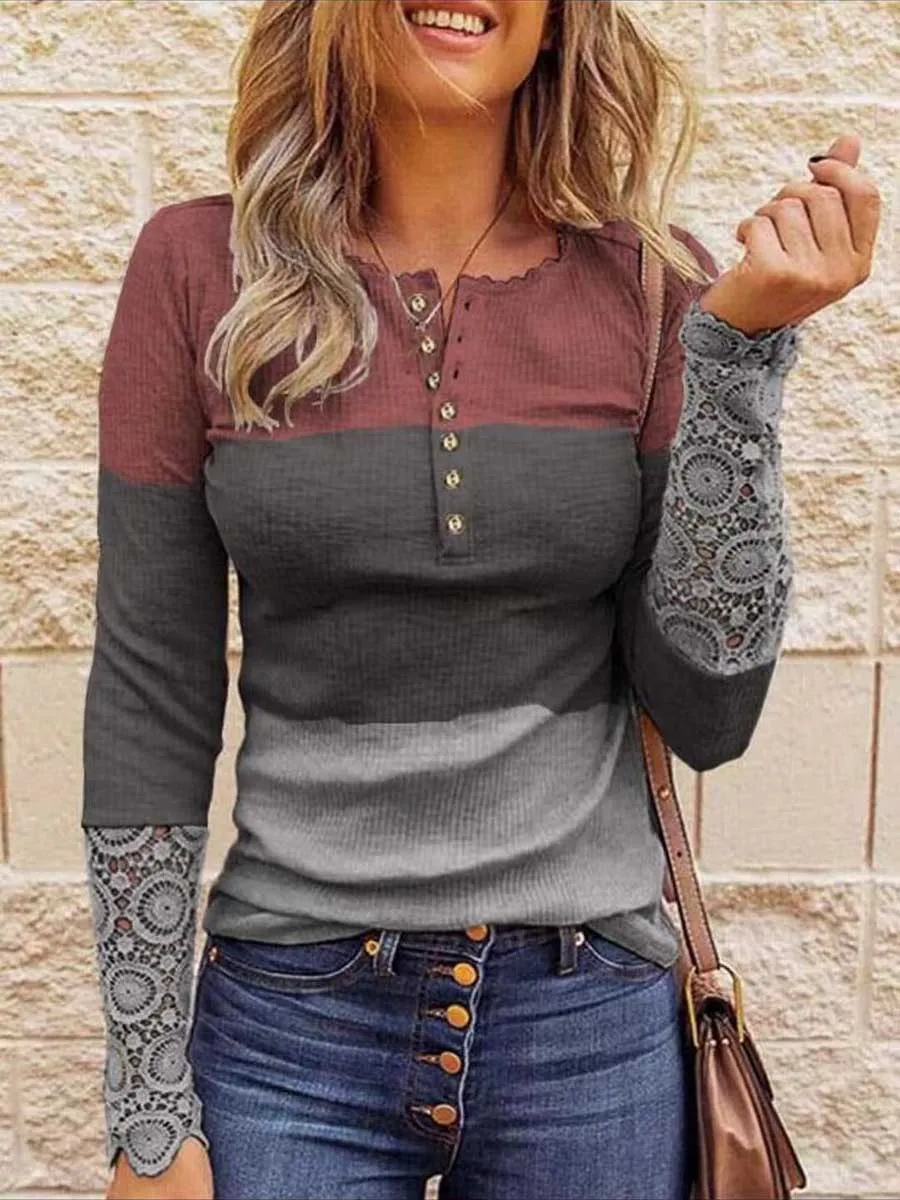 iForgirls Round Neck Stitching Lace Long Sleeve T-Shirt(14 colors)