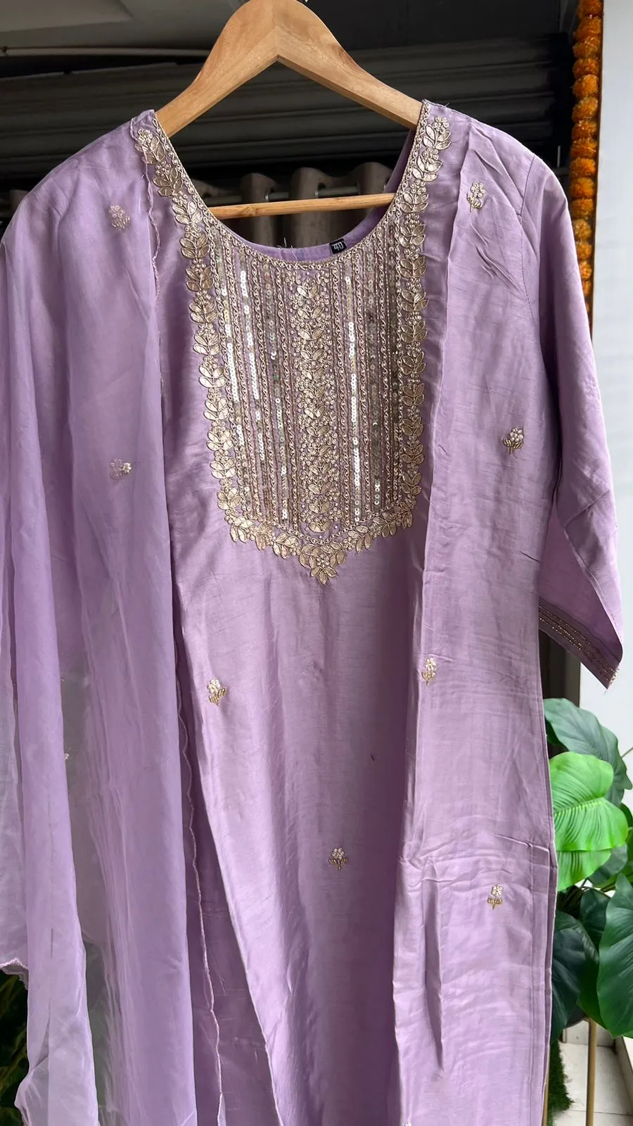 Lavender silk embroidery hand work 3 piece kurti set